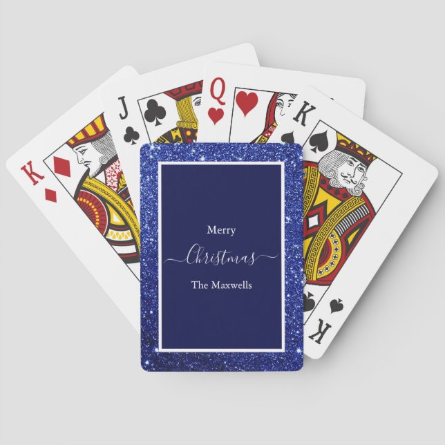 Merry Christmas blue glitter family name Playing Cards (Back)