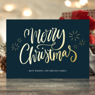Merry Christmas Blue Gold Calligraphy Non Photo Foil Holiday Card