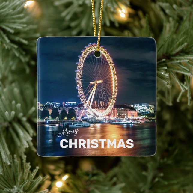 Merry Christmas Blue Gold London Eye Night Ceramic Ornament (Tree)