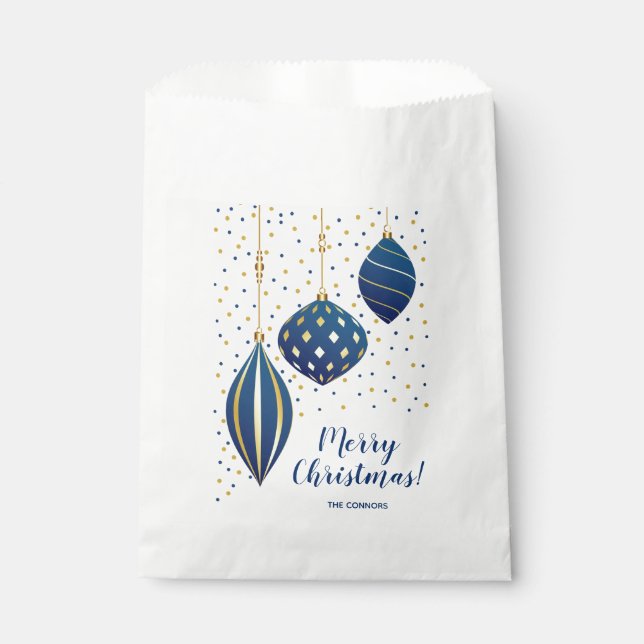 Merry Christmas Blue Gold Ornaments Favour Bag (Front)