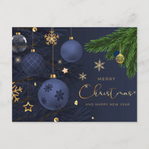 Merry Christmas Blue, Gold Ornaments  Holiday Postcard