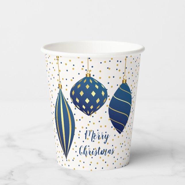 Merry Christmas Blue Gold Ornaments Paper Cups (Back)