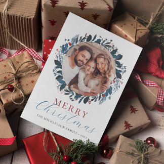 Merry Christmas Blue Green Holly Photo Holiday Card