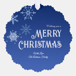 Merry Christmas Blue Modern Snowflake Ornament Card