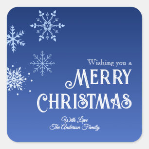 Merry Christmas Blue Modern Snowflake Square Sticker