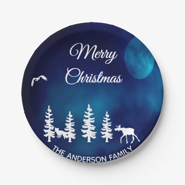 Merry Christmas blue night moon forest forest Paper Plate (Front)