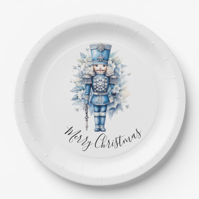 Merry Christmas Blue Nutcracker Paper Plate (Front)