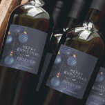 Merry Christmas Blue Ornaments Holiday Wine Label<br><div class="desc">Beautiful blue ornaments on blue Christmas tree branches and your holiday Christmas greeting in chic lettering,  personalize these wine bottle labels to serve at your holiday party or to give as gifts or party favours for business gifts,  corporate gifts.</div>