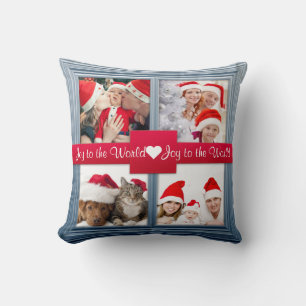 Merry Christmas Blue Photo Collage   Custom Throw Pillow