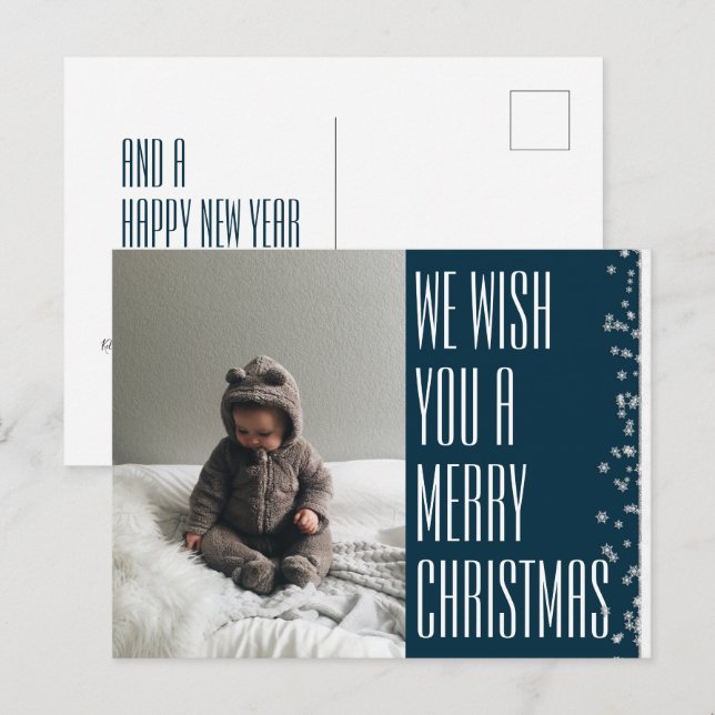 Merry Christmas Blue Photo Holiday Postcard (Front/Back)