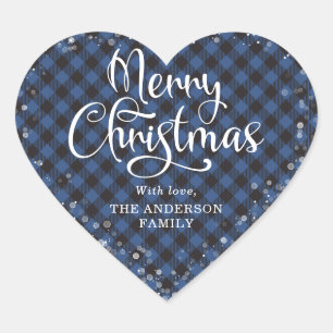 Merry Christmas Blue Plaid Calligraphy Snow Heart Sticker