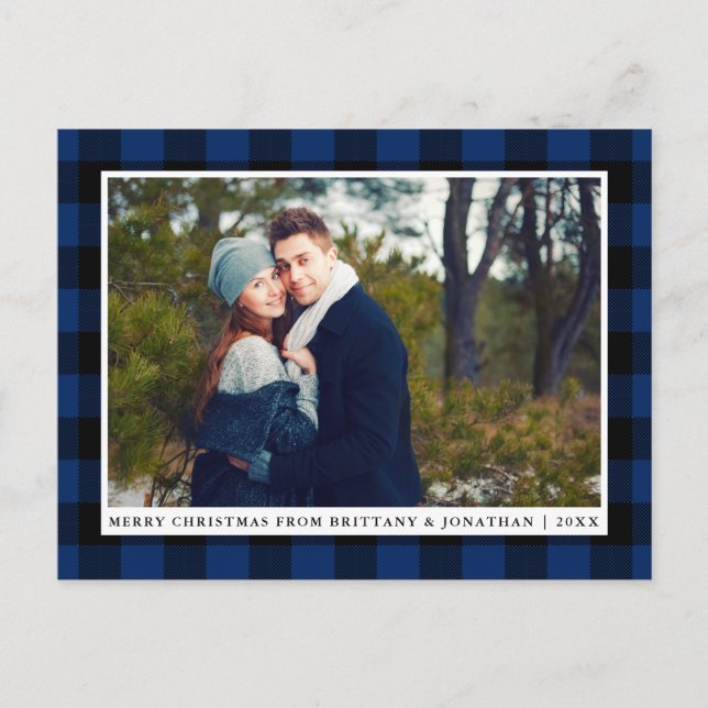 Merry Christmas Blue Plaid Couple Photo Postcard (Front)