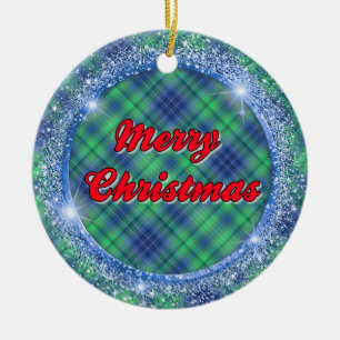 Merry Christmas Blue Plaid Faux Glitter Frame Ceramic Ornament