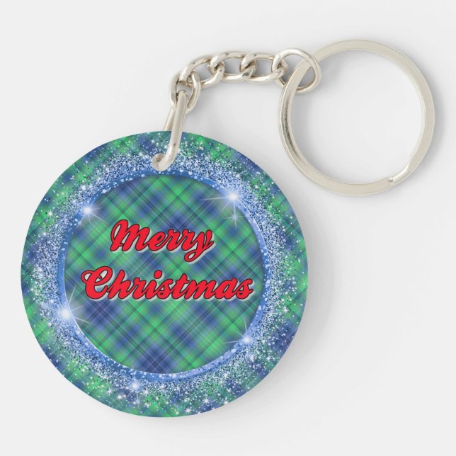 Merry Christmas Blue Plaid Faux Glitter Frame Keychain (Back)