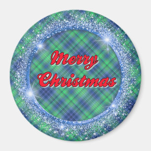 Merry Christmas Blue Plaid Faux Glitter Frame Magn Magnet