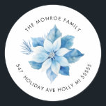 Merry Christmas Blue Poinsettia Address Sticker<br><div class="desc">Merry Christmas Blue poinsettia design</div>