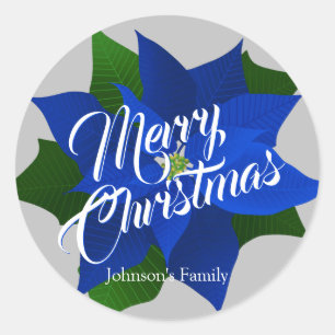 Merry Christmas - Blue Poinsettia Christmas Classic Round Sticker