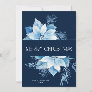 Merry Christmas Blue Poinsettia Holiday Card