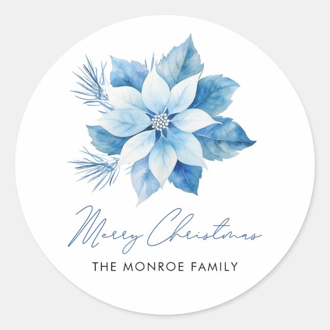 Merry Christmas Blue Poinsettia  Sticker (Front)