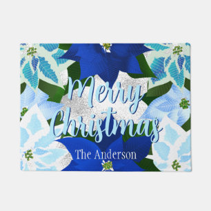 Merry Christmas Blue Poinsettias Doormat