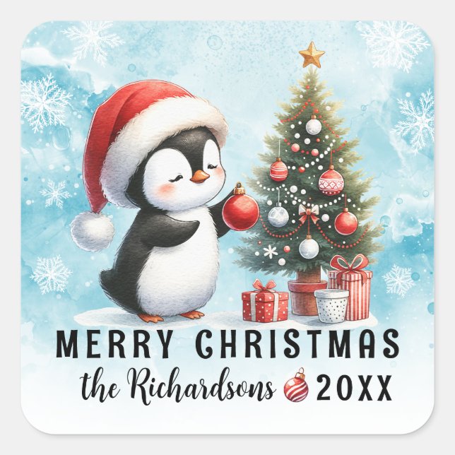 Merry Christmas Blue Red Cute Penguin Family Square Sticker (Front)