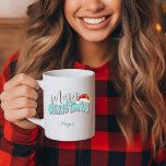 Merry Christmas Blue Red Festive Retro Add Name Coffee Mug<br><div class="desc">This cute, girly Merry Christmas design was created using a fun modern script font and my hand lettered block font in a retro 80's style in light blue and red. It features my hand painted Santa hat with holly and berries for a festive holiday look. Add your name to personalize...</div>