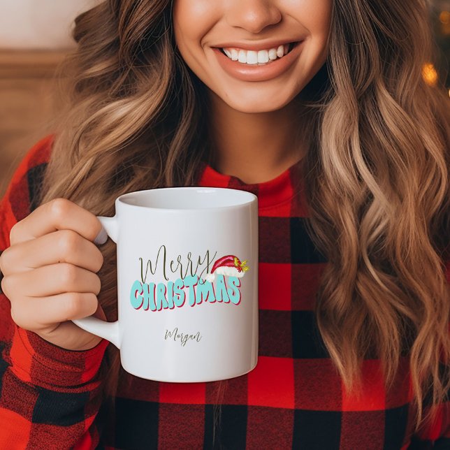 Merry Christmas Blue Red Festive Retro Add Name Coffee Mug (Fun retro inspired Merry Christmas mug, personalized with your name original art by Malissa Melrose)
