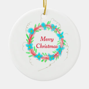 Merry Christmas blue red garland watercolor holida Ceramic Ornament