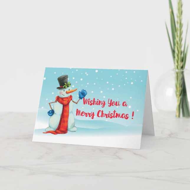 Merry Christmas blue red white Snowman Holiday Card (Front)