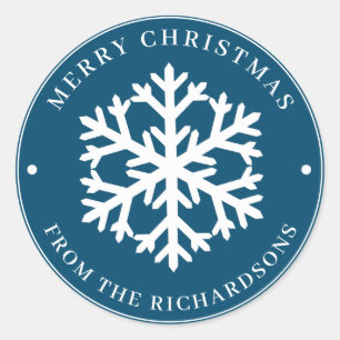 Merry Christmas Blue Round White Snowflake Classic Round Sticker