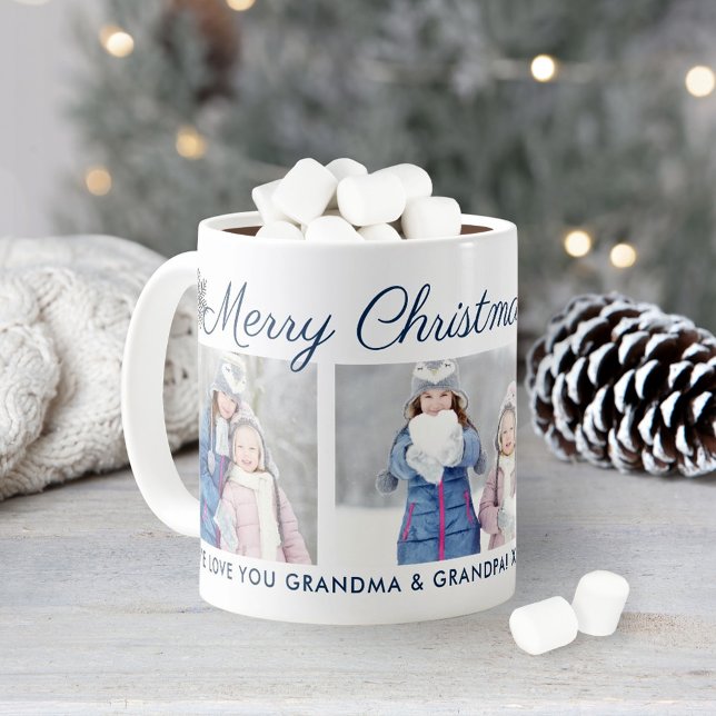 Merry Christmas Blue Script Custom Photo Collage Coffee Mug (Creator Uploaded)