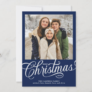 Merry Christmas Blue Script Family Photo Holiday Card