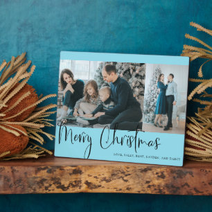 Merry Christmas Blue Script Photo Collage Holiday Plaque