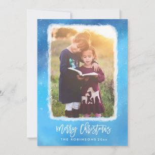 Merry Christmas Blue Snow Modern Scrip Photo Holiday Card