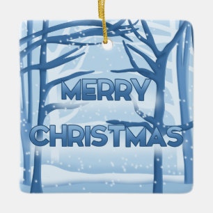 Merry Christmas Blue Snow Scene Ceramic Ornament
