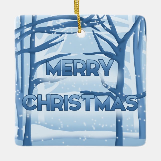 Merry Christmas Blue Snow Scene Ceramic Ornament (Front)