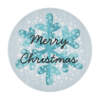 Merry Christmas Blue Snowflake Modern Circular Cutting Board