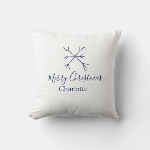 Merry Christmas blue snowflakes add name holidays  Throw Pillow