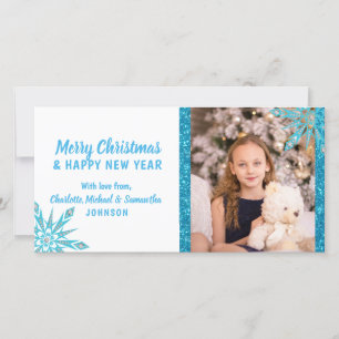 Merry Christmas Blue Snowflakes Glitter   PHOTO Holiday Card