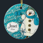 Merry Christmas Blue Snowman Ceramic Ornament<br><div class="desc">Ornament. Featuring a snowman with blue and white snowflakes. Available in several colours. ⭐This Product is 100% Customizable. Graphics and / or text can be added, deleted, moved, resized, changed around, rotated, etc... ⭐ (Please be sure to resize or move graphics if needed before ordering) 99% of my designs in...</div>