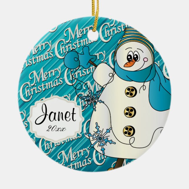 Merry Christmas Blue Snowman Ceramic Ornament (Front)
