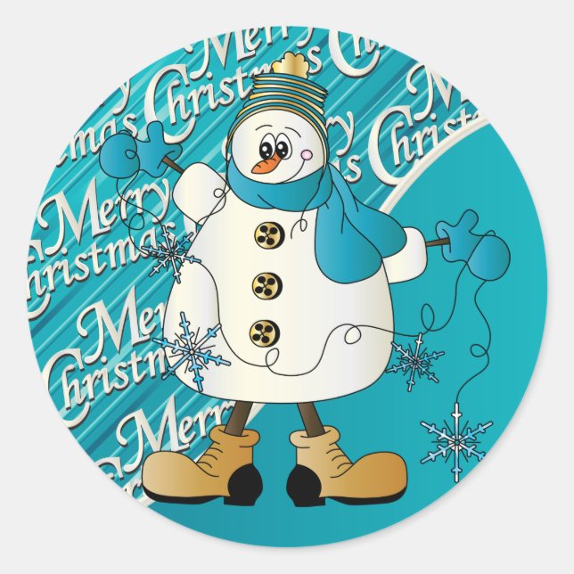Merry Christmas Blue Snowman Classic Round Sticker (Front)