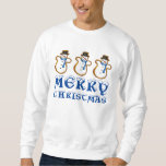 Merry Christmas Blue Snowman Cookie Ugly Sweater<br><div class="desc">Christmas sweatshirt features a row of snowman-shaped sugar cookies. MERRY CHRISTMAS is printed in a fun blue font. Perfect for holiday celebrations or for an ugly Christmas sweater party! This design is also available on other products. Don't see what you're looking for? Need help with customization? Contact Rebecca to have...</div>