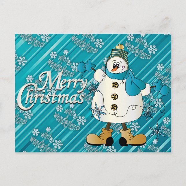 Merry Christmas Blue Snowman Holiday Postcard (Front)