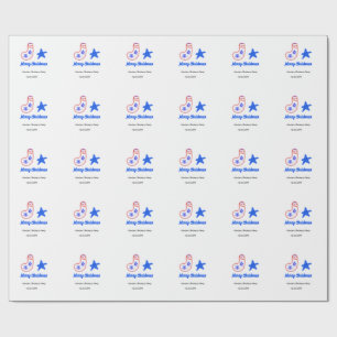 Merry Christmas blue star red stockings name date Wrapping Paper