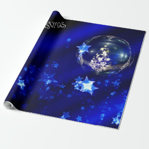 Merry Christmas Blue Stars Bauble Ornaments Wrapping Paper
