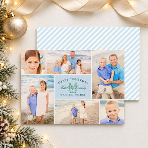 Merry Christmas Blue Stripe Photo Collage Holiday Card