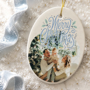 Merry Christmas Blue Typography Arched Photo Ceramic Ornament