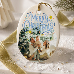 Merry Christmas Blue Typography Arched Photo  Ceramic Ornament