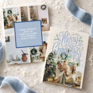 Merry Christmas Blue Typography Arched Photo Holiday Card